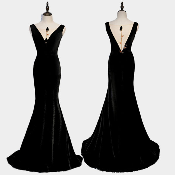 Black Elegant V-neck Mesh Velvet Evening Dress Long Formal Dress