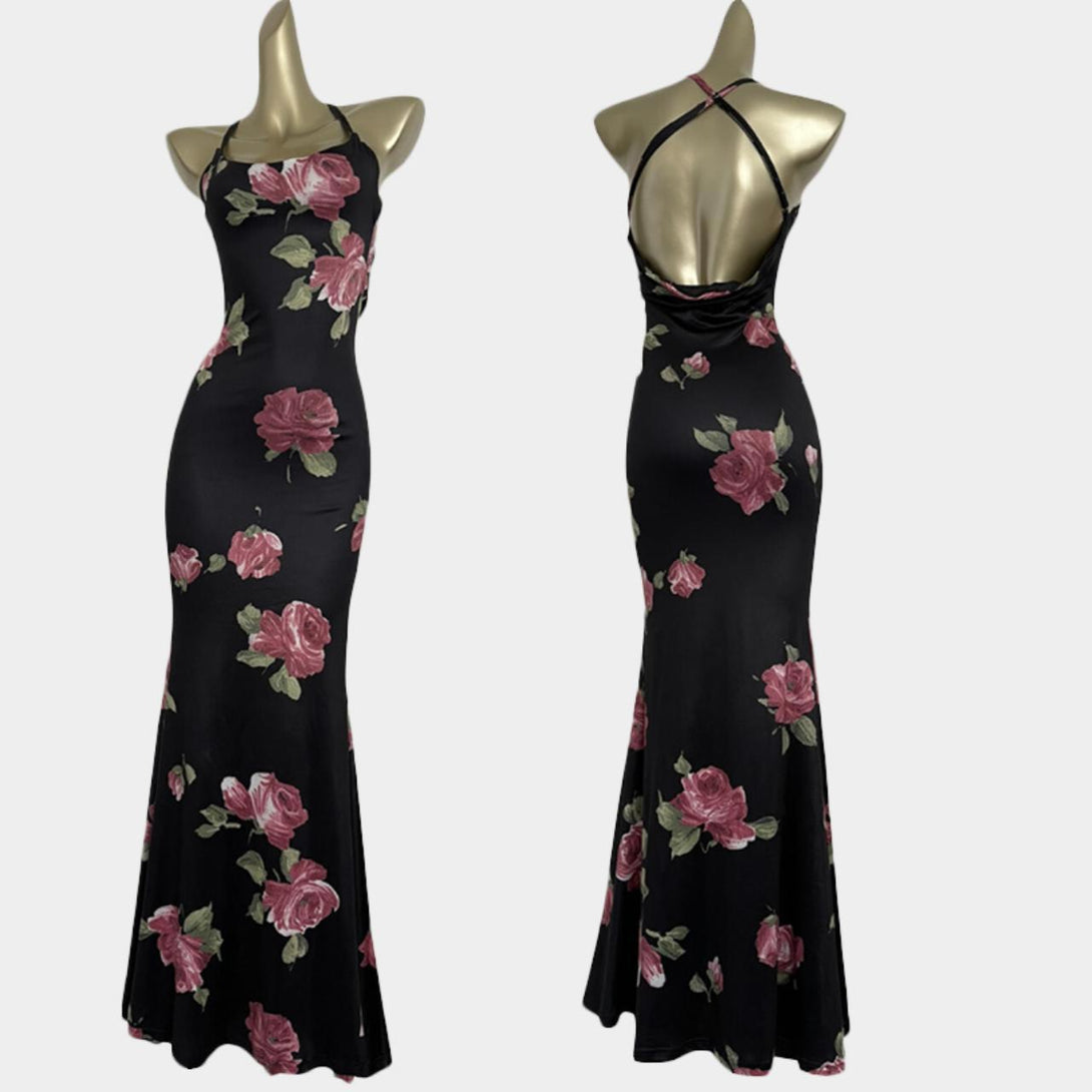 black floral cross-back vintage gown