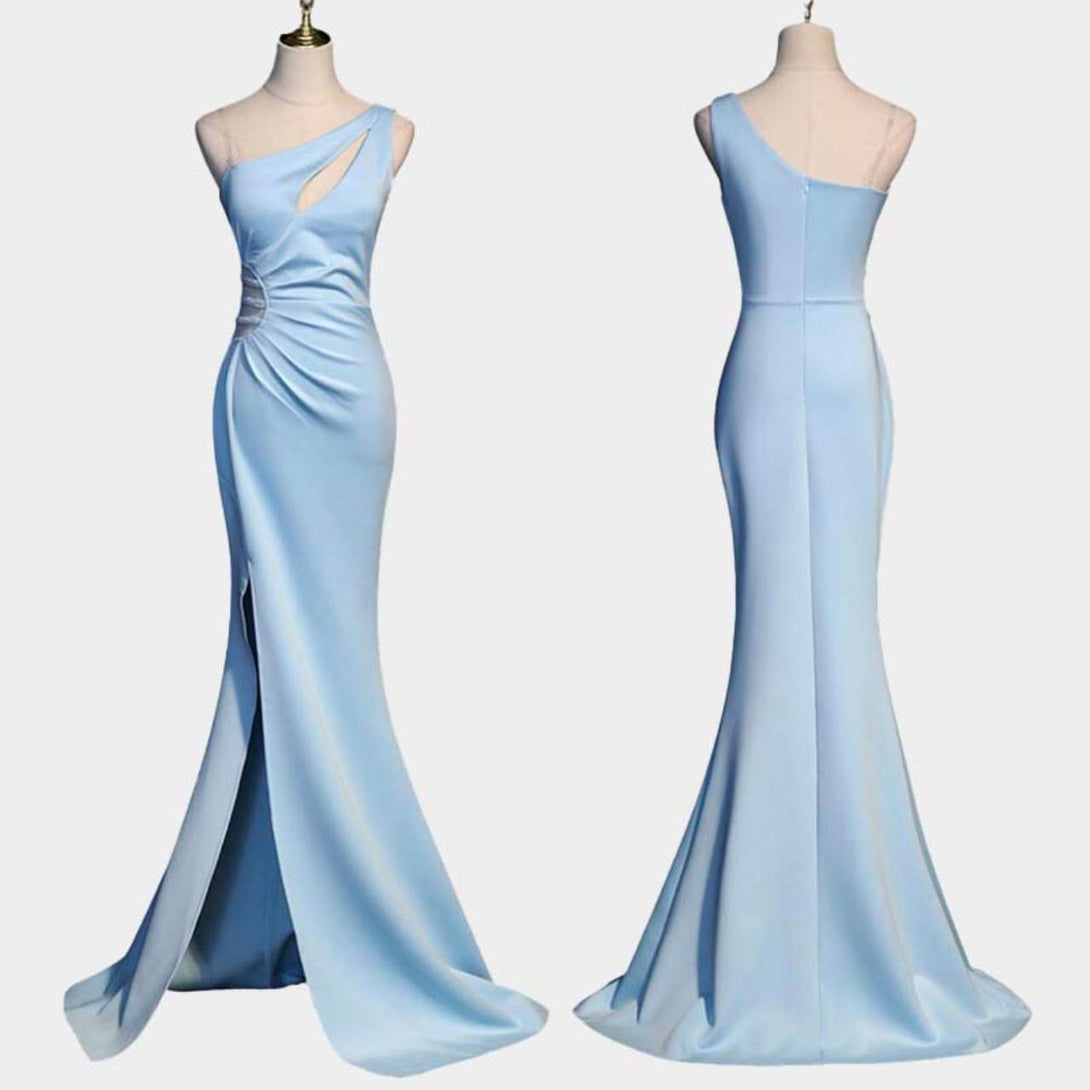 blue one shoulder long prom dress