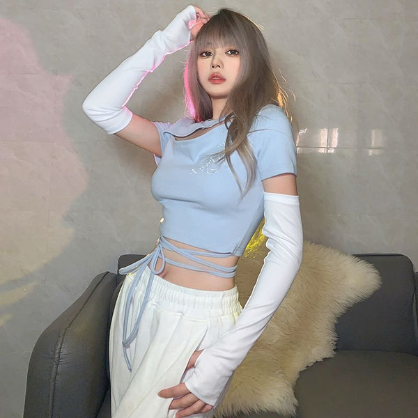 Sweet and Cool Style Hollowed Out Slanted Collar Waist Strap Sleeves Crop Top