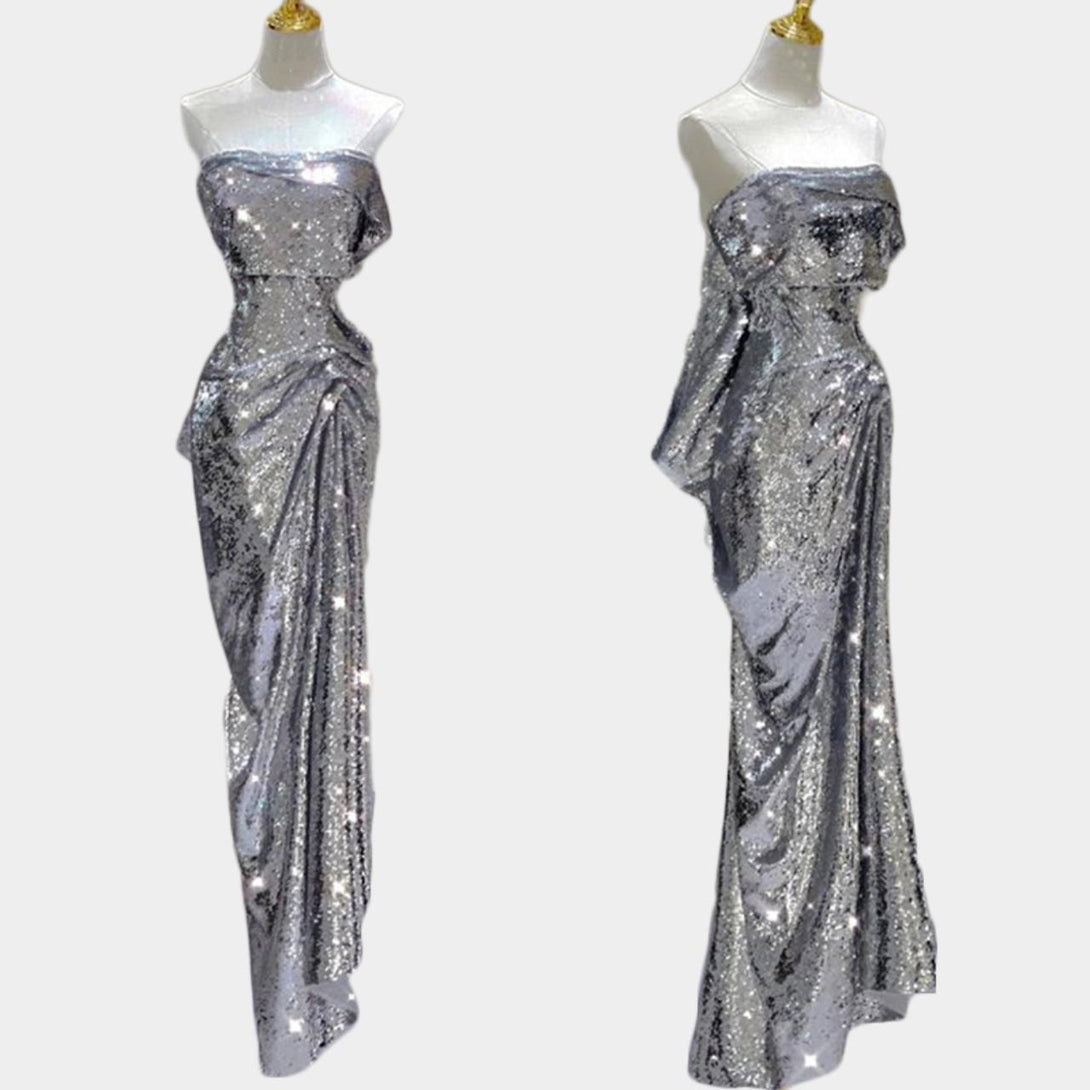 Silver Sequin Strapless Evening Gown