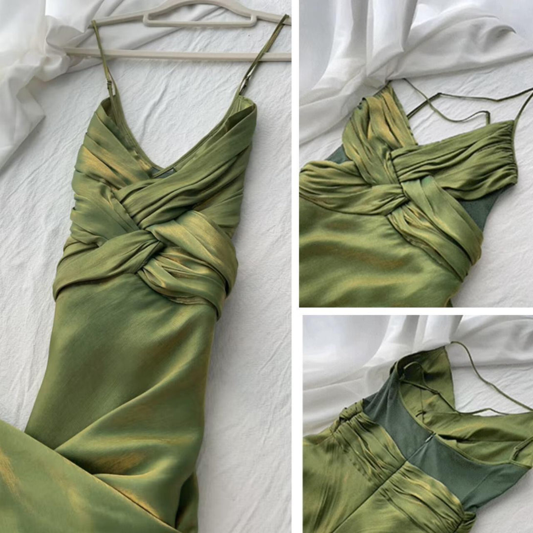 green satin elegant prom dress