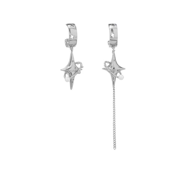 Fringe Chain Asymmetric Pearl Star Earrings