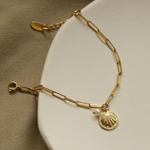 14K Plated Shell Pearl Bracelet