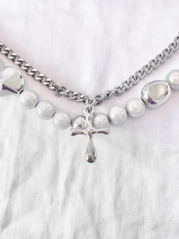 Metal Cross Pearl Double-layered Necklace