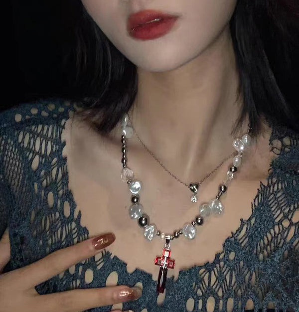 Sweet Cool Y2k Pearl Cross Necklace