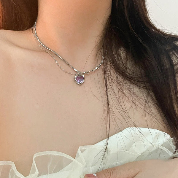 Sweet Style Purple Zircon Heart Necklace